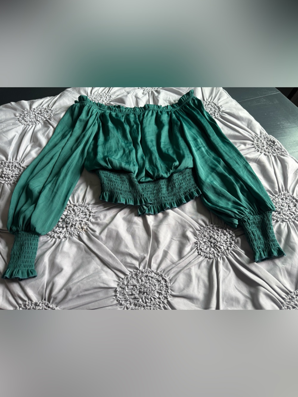 Off-Shoulder Smocked Peasant Top - Green